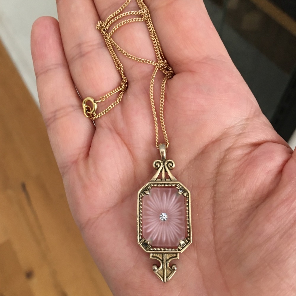 Vintage etched glass Art Deco style pendant  chain